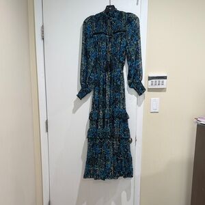 Aqua Teal and Black Floral Tiered Maxi Dress